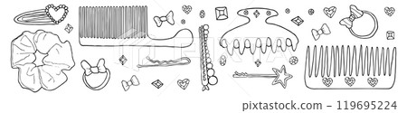 Hand drawn hair accessories including combs, clips, scrunchie, bows, hearts, diamonds, and rings. 119695224