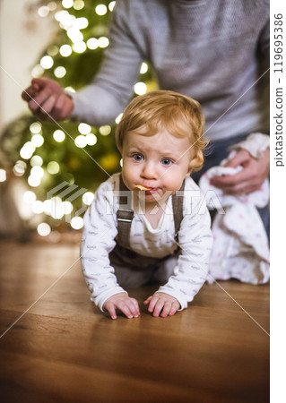 Little baby boy in Christmas home. Cute boy eating christmas cookies by Christmas tree in living room. 119695386
