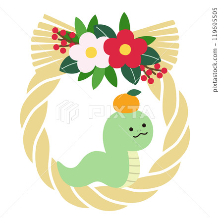 Vector illustration of a cute New Year's decoration of a shimenawa and snake for the year of the snake 2025 New Year's card Zodiac sign 119695505