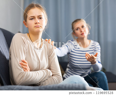 Mother soothes teen daughter after an quarrel 119695528