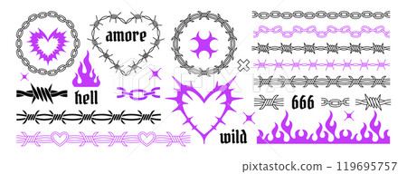 Y2k gothic tattoo stickers, neo tribal black and violet elements in trendy emo style 119695757