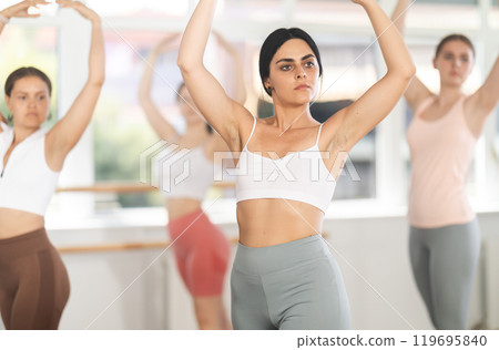 Young girl practicing basic ballet movements at group class Young girl practicing basic ballet movements at group class 119695840
