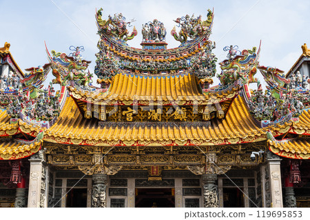 The building view of Dajia Jenn Lann Temple in Taichung, Taiwan, is worshiped to the sea goddess Mazu. The building view of Dajia Jenn Lann Temple in Taichung, Taiwan, is worshiped to the sea goddess Mazu. 119695853