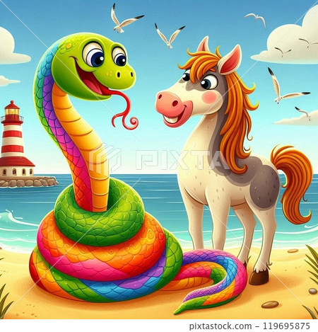 蛇和馬在沙灘上玩耍 蛇和馬在沙灘上玩耍 119695875
