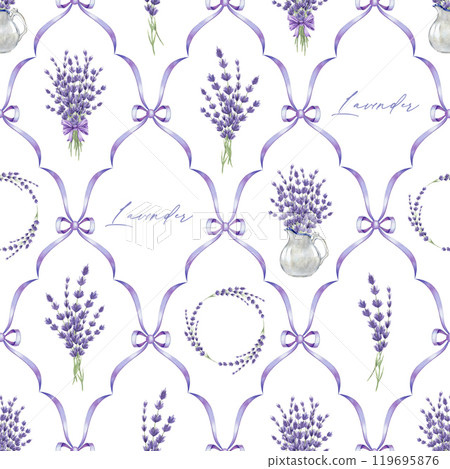 Lavender flower decor elegant seamless pattern. Watercolor vintage style illustration. Hand drawn lavandula herb elegant tender colors decoration. Lavender flowers rustic style seamless ornament. Lavender flower decor elegant seamless pattern. Watercolor vintage style illustration. Hand drawn lavandula herb elegant tender colors decoration. Lavender flowers rustic style seamless ornament. 119695876