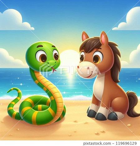 Snake and horse playing on the beach 119696129
