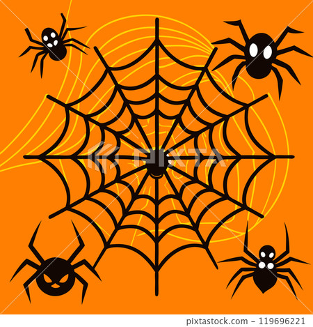 A vibrant orange backdrop featuring a spooky spider web with playful spiders. Perfect for Halloween themes. 119696221