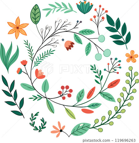 Floral Wreath with Leaves and Flowers. Vector illustration 119696263