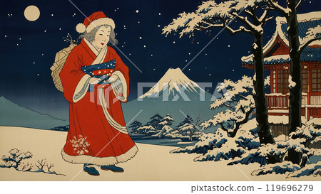 浮世繪風格的聖誕老人和風景 119696279