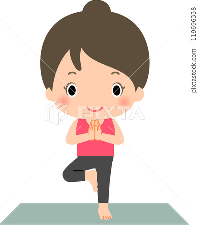 在瑜珈墊上做樹式的女人 在瑜珈墊上做樹式的女人 119696338