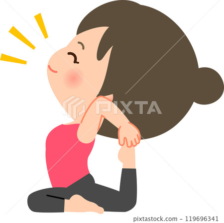 A woman in training wear doing pigeon pose A woman in training wear doing pigeon pose 119696341