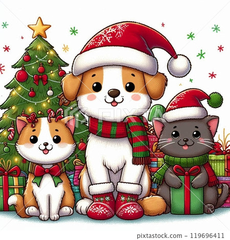 狗和貓慶祝聖誕節 119696411