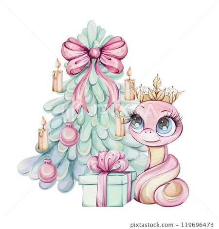 A delightful pink princess snake and cute Christmas illustration featuring a beautifully decorated tree and a gift 119696473