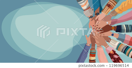 Group hands on top of each other of multicultural people. Community teamwork cooperation or ethnicity concept.Diverse culture. Equality diversity inclusion. Agreement between colleagues 119696514