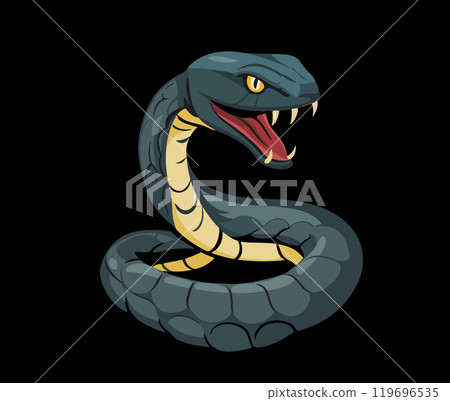 Fierce Snake with Open Mouth on Dark Background. Vector illustration 119696535