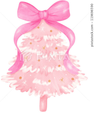 Pink Coquette Christmas tree with ribbon bow watercolor 119696590