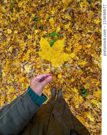 Female hand holding a golden autumn leaf against rubber boots in green jacket . High quality photo Female hand holding a golden autumn leaf against rubber boots in green jacket . High quality photo 119696677