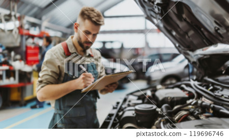 A blurred image of a car mechanic are checking the results of the car engine diagnostics on a notepad. Car maintenance service. Modern transportation. 119696746