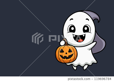 Cute Ghost Holding Pumpkin. Vector illustration 119696784