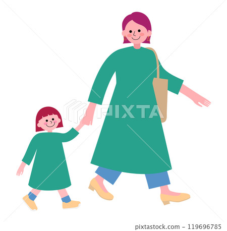 An illustration of a mother and daughter going out in matching outfits 119696785