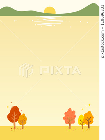 Autumn scenery with trees and mountains by the sunset lake. 119696833