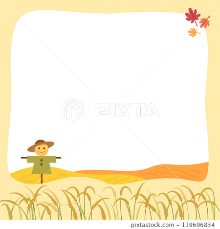 Frame design with Scarecrow and grain ripening autumn scenery. 119696834