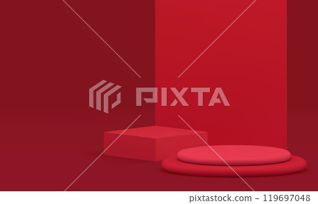 Red 3d podium pedestal geometric showcase for product show realistic vector illustration 119697048