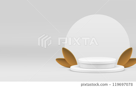 3d white cylinder podium with golden leaves for product show realistic vector illustration 3d white cylinder podium with golden leaves for product show realistic vector illustration 119697078