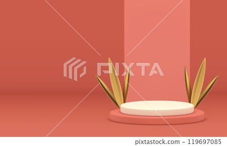 3d nude luxury podium with golden grass leaves for product show realistic vector illustration 3d nude luxury podium with golden grass leaves for product show realistic vector illustration 119697085