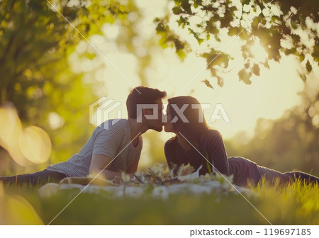 Young Couple Kissing in a Beautiful Park Setting. High quality photo 119697185
