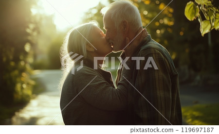 Elderly Couple Sharing a Tender Kiss Outdoors. High quality photo Elderly Couple Sharing a Tender Kiss Outdoors. High quality photo 119697187