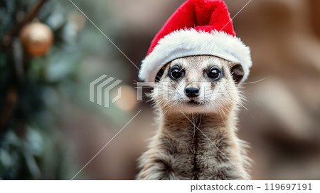 Adorable Meerkat Wearing a Santa Hat for Christmas. High quality photo 119697191