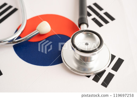 Stethoscope on South Korea flag, Business and finance. Stethoscope on South Korea flag, Business and finance. 119697258