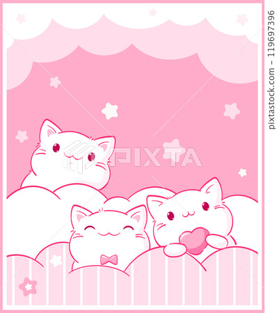 Cute pink card with kawaii kittens. Baby card with little pets in adorable style. Childish print with funny cats for t-shirt design. Vector illustration EPS8 Cute pink card with kawaii kittens. Baby card with little pets in adorable style. Childish print with funny cats for t-shirt design. Vector illustration EPS8 119697396