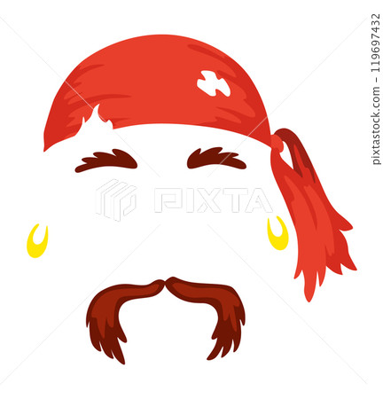 Pirate mask. Cartoon face decoration - bandana and mustache. Party accessories, head costume concept. Decoration item for your selfie photo, video chat filter or photo booth Pirate mask. Cartoon face decoration - bandana and mustache. Party accessories, head costume concept. Decoration item for your selfie photo, video chat filter or photo booth 119697432