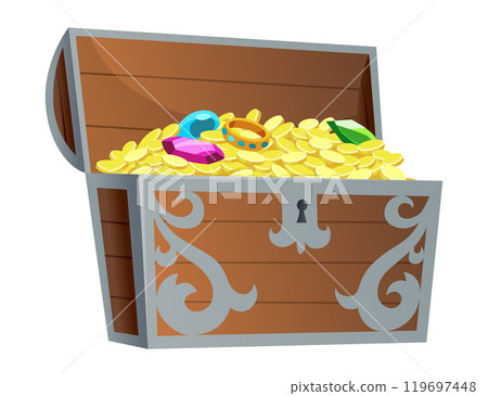 Treasure gold coins. Chest full of shiny royal gold and gemstones. Gold treasure, shiny savings, golden coins isolated on white background. Vector cartoon icon Treasure gold coins. Chest full of shiny royal gold and gemstones. Gold treasure, shiny savings, golden coins isolated on white background. Vector cartoon icon 119697448