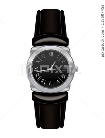 Mechanical watch in classic design. Realistic wristwatch, luxury fashion object for men on white background. Elegant business chronograph with leather bracelet 119697452
