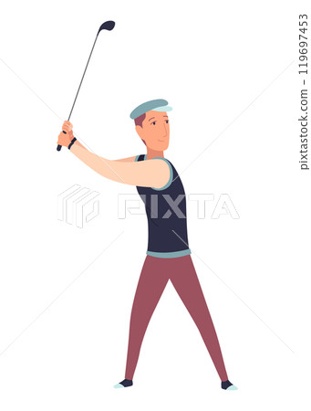 Golf player, male golfer on golf course. Thinking aiming to do good shot. Leisure sport, game on lawn on summer holiday. Flat vector illustration isolated on white background Golf player, male golfer on golf course. Thinking aiming to do good shot. Leisure sport, game on lawn on summer holiday. Flat vector illustration isolated on white background 119697453