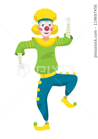 Circus clown. Kids holiday character. Entertainment artist. Jester performer, shapito circus show entertainers in funny costume, wig, makeup and red nose. Performers artist in classic outfit 119697456
