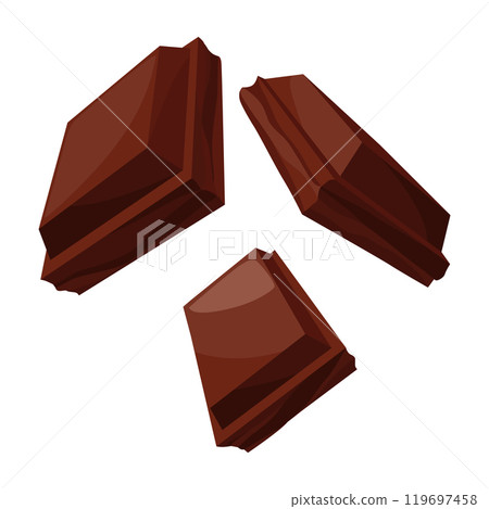 Realistic chocolate piece of dark chocolate icon. Chunk of cocoa dessert or square chocolate candy. Food sweet snack isolated on white background 119697458