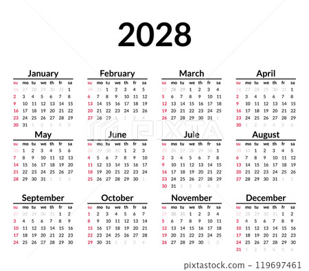2028 calendar. Week starts on Sunday. Simple calendar layout. Yearly diary. Minimal stationery template with 12 months, in English. Pocket or wall formats 119697461