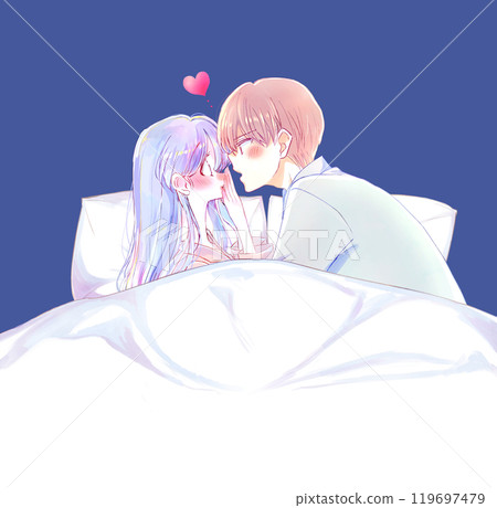 Man approaching woman in pajamas on bed 119697479