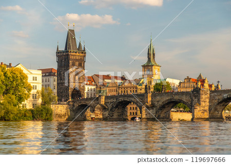 the river Vltava with the Charles Bridge and Old Town Bridge Tower, Prague, Czech republic 119697666