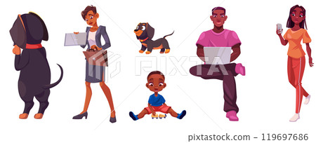 People with gadgets, child and dogs set 119697686