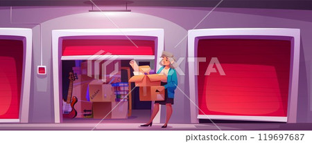 Woman with boxes near self storage container. 119697687