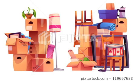 Home stuff in cardboard boxes 119697688