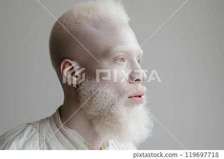 young albino man with white hair and beard, wearing white clothes on a white background, fashionable portrait 119697718