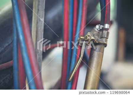 Heavy screw grungy rusted wrenches dirty screwdriver object. Industrial hardware set. Mechanic tools engineering equipment car auto repair shop with copy space. Blurred background mechanical service 119698064