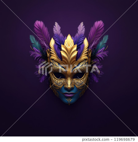 Luxurious carnival mask with intricate gold detailing and vibrant pink and blue feather against purple background. Elegance and mystery of masquerade event 119698679