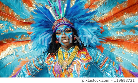 Trinidad and Tobago Carnival. Woman dressed in colorful costume, adorned with large blue feathers , with bright blue makeup. 119698721